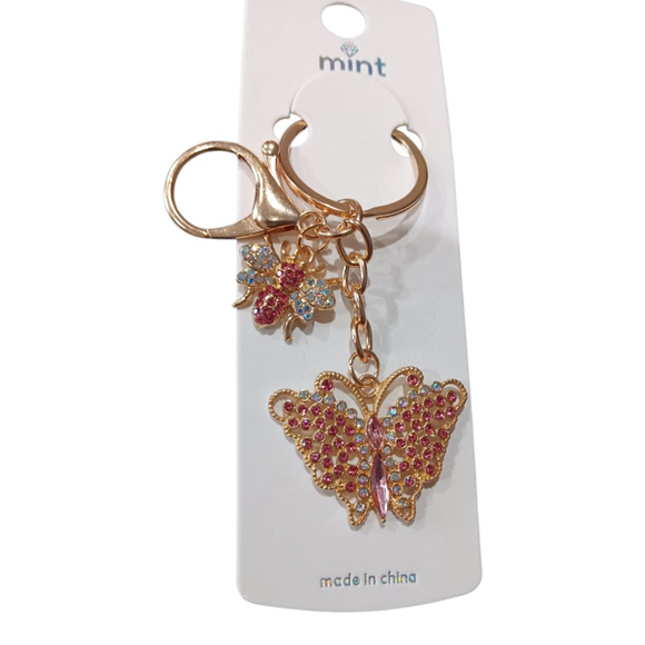 Beautiful Pink Rhinestone Butterfly Bumblebee Gold Tone Keychain Purse Charm - Picture 7 of 8